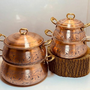 Turkish copper casserole pot with lid and brass handle, Solid hand engraved copper cooking pot, Casserole dish