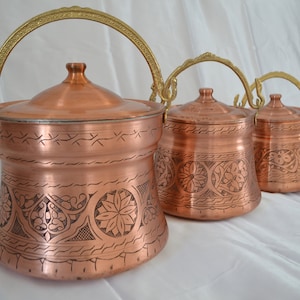 Turkish Copper Yogurt Pot Bucket with Lid and Brass Handle,  Antique Hand Embroidered Copper Pot