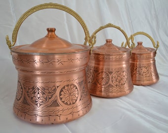 Turkish copper yoghurt pot, Yoghurt bakrac bucket with lid and brass handle,  Antique hand embroidered copper pot