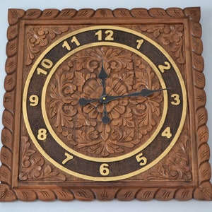 Wooden wall clock hand carved, Walnut wood rustic clock large, Wall decor