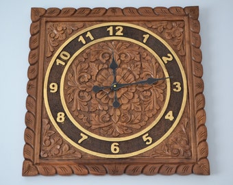 Wooden Wall Clock Hand Carved, Walnut Wood Rustic Decorative Clock Large