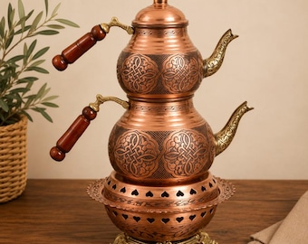 Traditional Copper Teapot with Wooden Handle, Turkish Hand Engraved Pure Copper Counter Top Tea Kettle Kitchen Decor