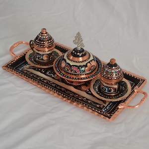 Hand painted copper coffee cup set for two, Turkish traditional coffee set with serving tray and sugar bowl