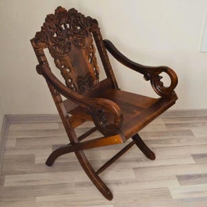 Hand Carved Wooden Chair, Turkish Traditional Walnut Wood Rustic Dining Armchair