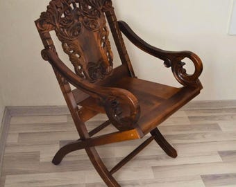 Hand Carved Wooden Chair, Turkish Traditional Walnut Wood Rustic Dining Armchair