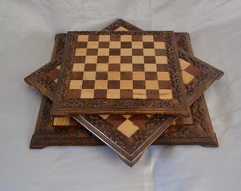 Hand Carved Wooden Chess Board, Pine Wood Square Chess Board