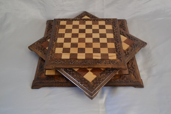 Hand Carved Wooden Chess Board, Pine Wood Square Chess Board