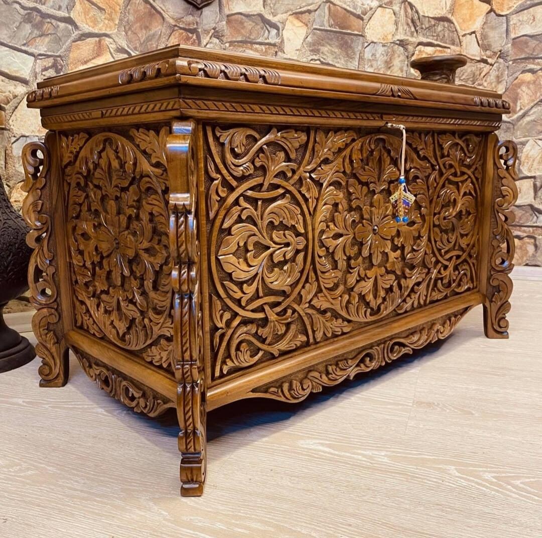 Hand Carved Storage Chest, Turkish Traditional Walnut Wood Trunk Coffee Table & Bride Chest