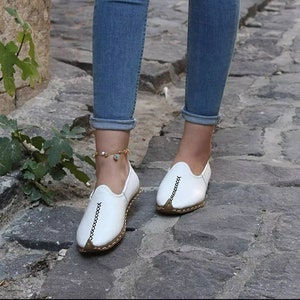White Color Leather Unisex Handmade Slip On, Turkish Single Hand Stitched Leather Shoes Women, Summer Flat Shoes Natural Footwear