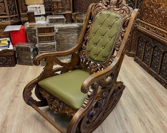 Wooden Rocking Chair, Mid Century Modern Lounge Chair, Hand Carved