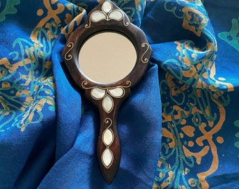 mother-of-pearl hand mirror, Decorative Wooden Makeup Mirror, Authentic Hand Mirror