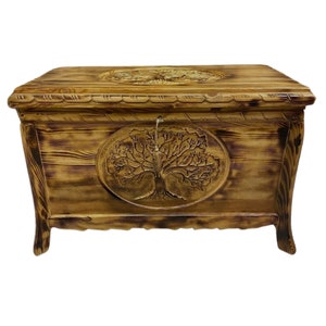 Tree of life Hope Chest, Tree Patterned Walnut Wood Storage Box, Traditional Turkish Hand Carved Wooden Chest