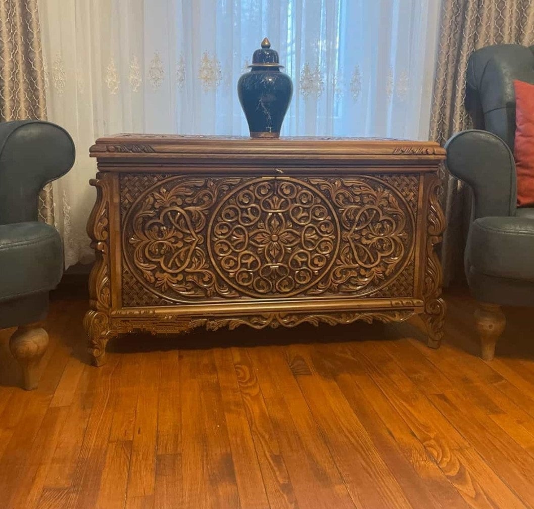 Walnut Wood Trunk Coffee Table, Hand Carved Turkish Traditional Storage Box Bedisde Blanket Bride Chest