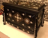 Mother of Pearl Inlaid Large Storage Chest, Velvet Lined Locking Treasure Box, Decorative Walnut Chest