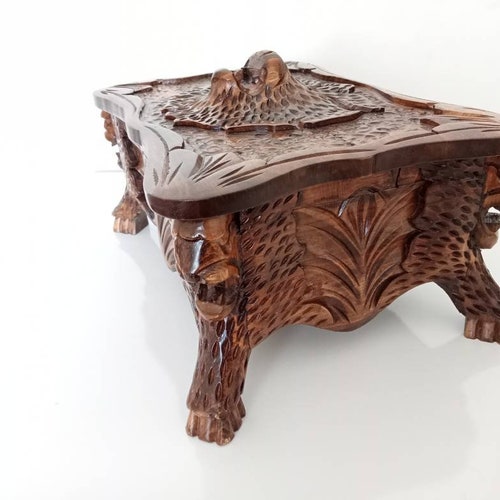 Secret Lock Wooden Jewelry Box With Shelves Walnut Carved Etsy