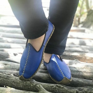 Blue Color Genuine Leather Shoes, Unisex Travel Shoes, Hand stitched Leather Women's Loafer and Flats, Turkish Summer Yemeni Shoes, Slip on image 6