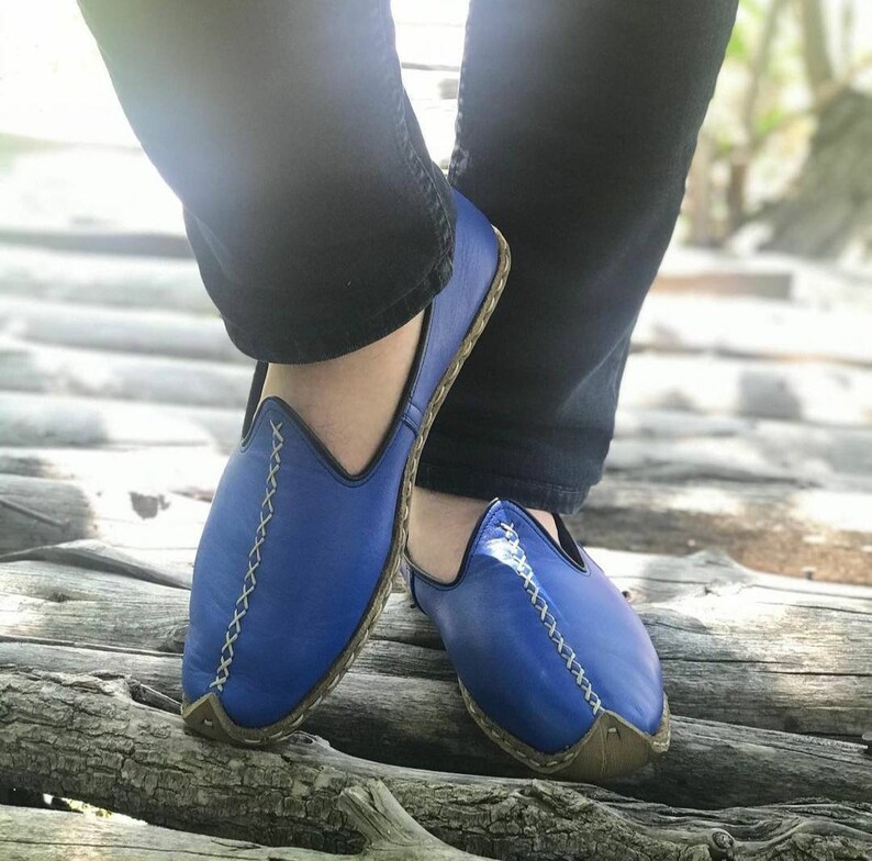 Blue Color Genuine Leather Shoes, Unisex Travel Shoes, Hand stitched Leather Women's Loafer and Flats, Turkish Summer Yemeni Shoes, Slip on image 6