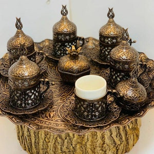 Turkish Coffee Set for Six, Ottoman Coffee Set, Cast Espresso Cups with Serving Tray and Sugar Bowl
