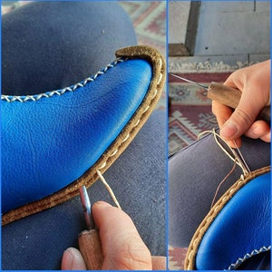 Blue Color Genuine Leather Shoes, Unisex Travel Shoes, Hand stitched Leather Women's Loafer and Flats, Turkish Summer Yemeni Shoes, Slip on image 4