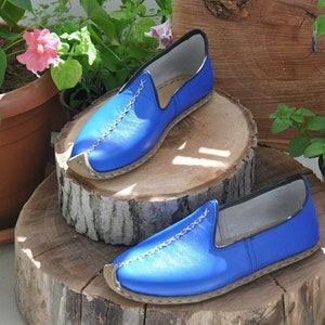 Blue Color Genuine Leather Shoes, Unisex Travel Shoes, Hand stitched Leather Women's Loafer and Flats, Turkish Summer Yemeni Shoes, Slip on image 3