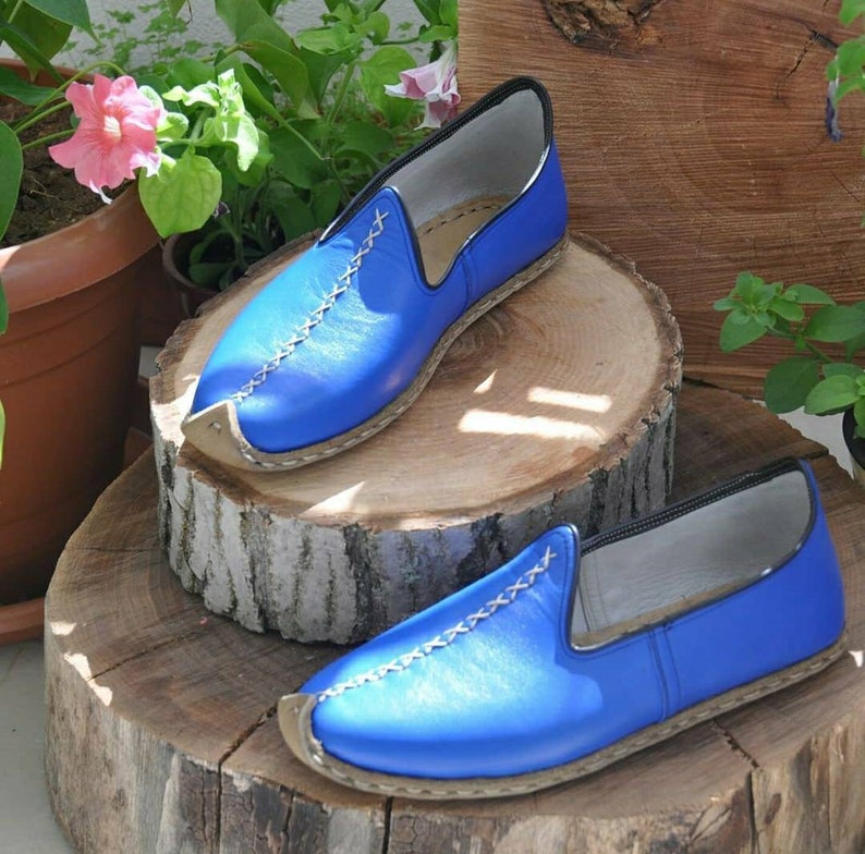 Blue Color Genuine Leather Shoes, Unisex Travel Shoes, Hand stitched Leather Women's Loafer and Flats, Turkish Summer Yemeni Shoes, Slip on image 3