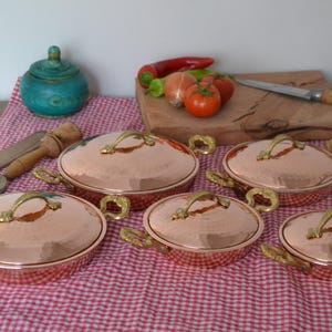 Hammered Copper Pans with Lid and Brass Handle, Frying Pan Set of 5, Traditional Turkish Copper Pans Food-Safe Tin Lined