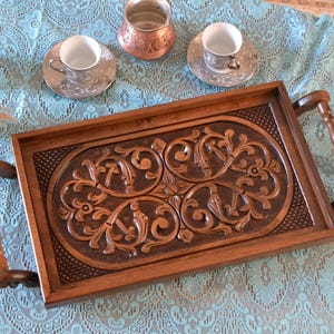 Personalized Wooden Serving Tray, Walnut Wood Hand Carved Turkish Traditional Coffee & Tea Serving Tray Farmhouse Style
