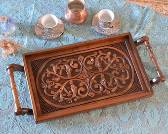 Personalized Serving Tray Walnut Wood, Hand Carved Wooden Turkish Traditional Coffee & Tea Serving Tray Farmhouse Style