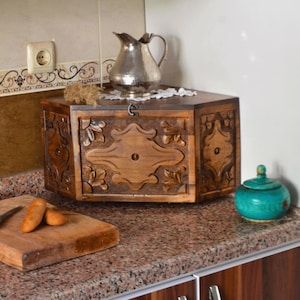 Walnut Wood Corner Bread Box Countertop Rustic Hand Carved Traditional Bread Storage Bin, Farmhouse Kitchen Organizer