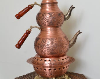 Tetera tradicional de cobre con mango de madera, tetera turca de cobre puro grabada a mano, decoración de cocina de cobre