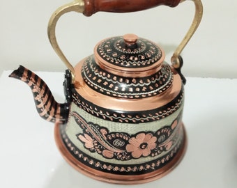 Turkish Copper Teapot, Hand Painted Pure Copper Embroidered Tea Kettle with Wooden Handle, Copper Kitchen Decor