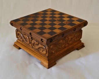 Wooden Chess Storage Box & Board with Hidden Key Compartment and Secret Lock