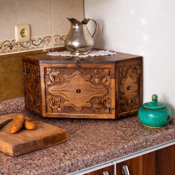 Walnut Wood Corner Bread Box Countertop Rustic Hand Carved Traditional Bread Storage Bin, Farmhouse Kitchen Organizer