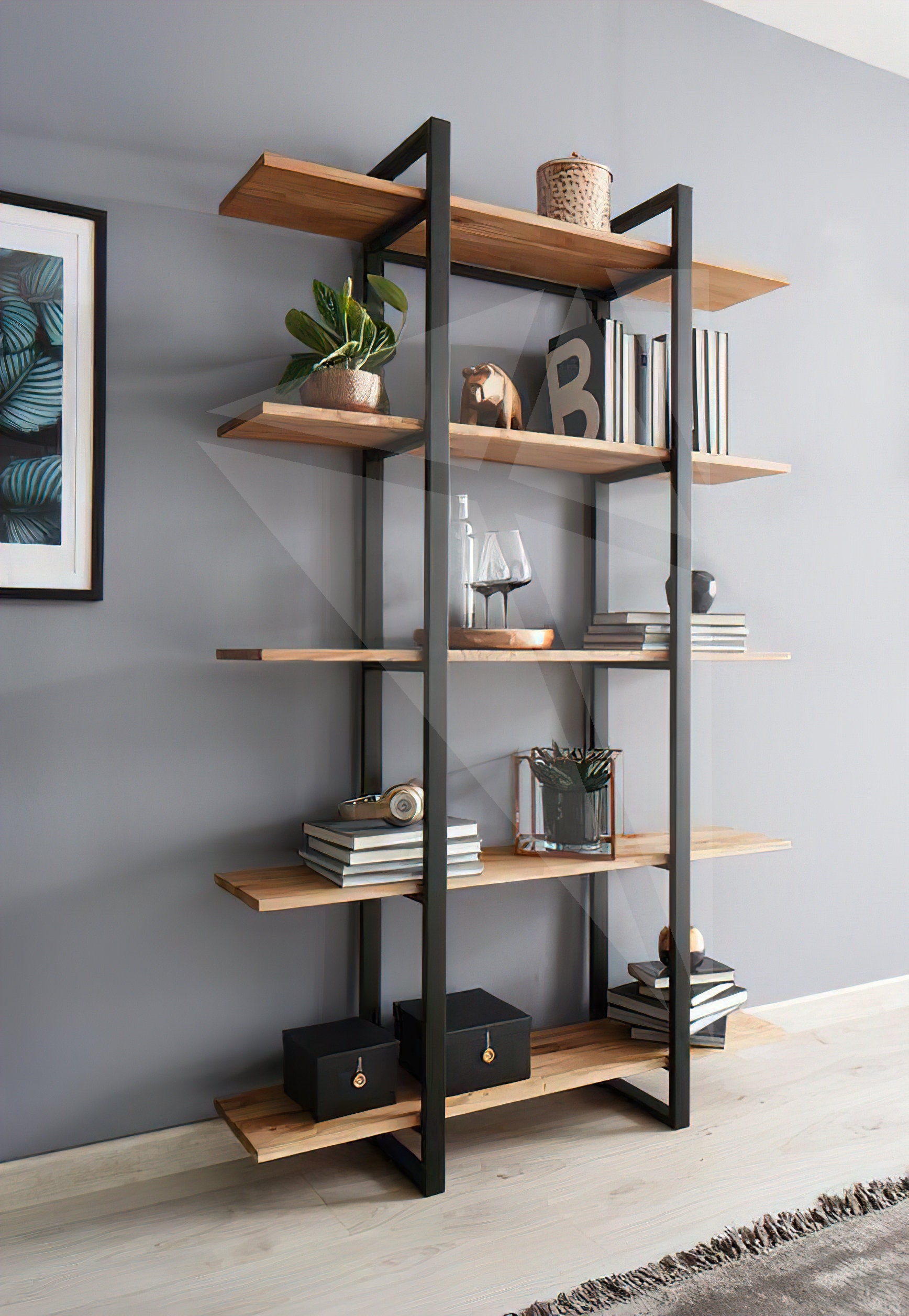 Wood Metal Shelves Wood Bookcase Decorative Bookshelves Etsy