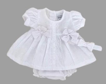 Baby Girls White Ribbon & Bow Dress Pants Headband Outfit