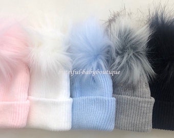 Baby Ribbed Fur Pom Pom Hat Newborn & 2 Months +