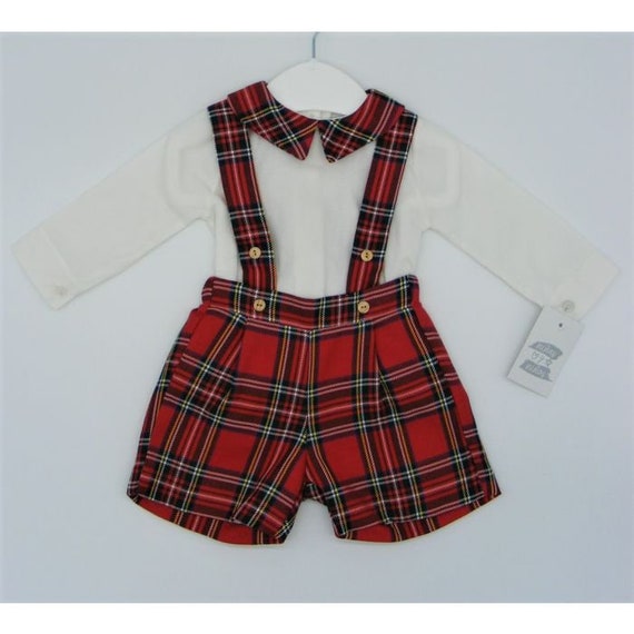 Baby Boys Spanish Style Red Tartan Strap Shorts Ivory Shirt