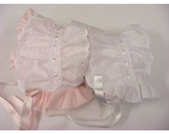 Baby Girls Pretty Traditional Sun Bonnet Style Broderie Anglaise Trim Pink Sun Hat