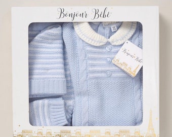 Baby Boys Blue/White Cable Knitted 4 Piece Layette Outfit