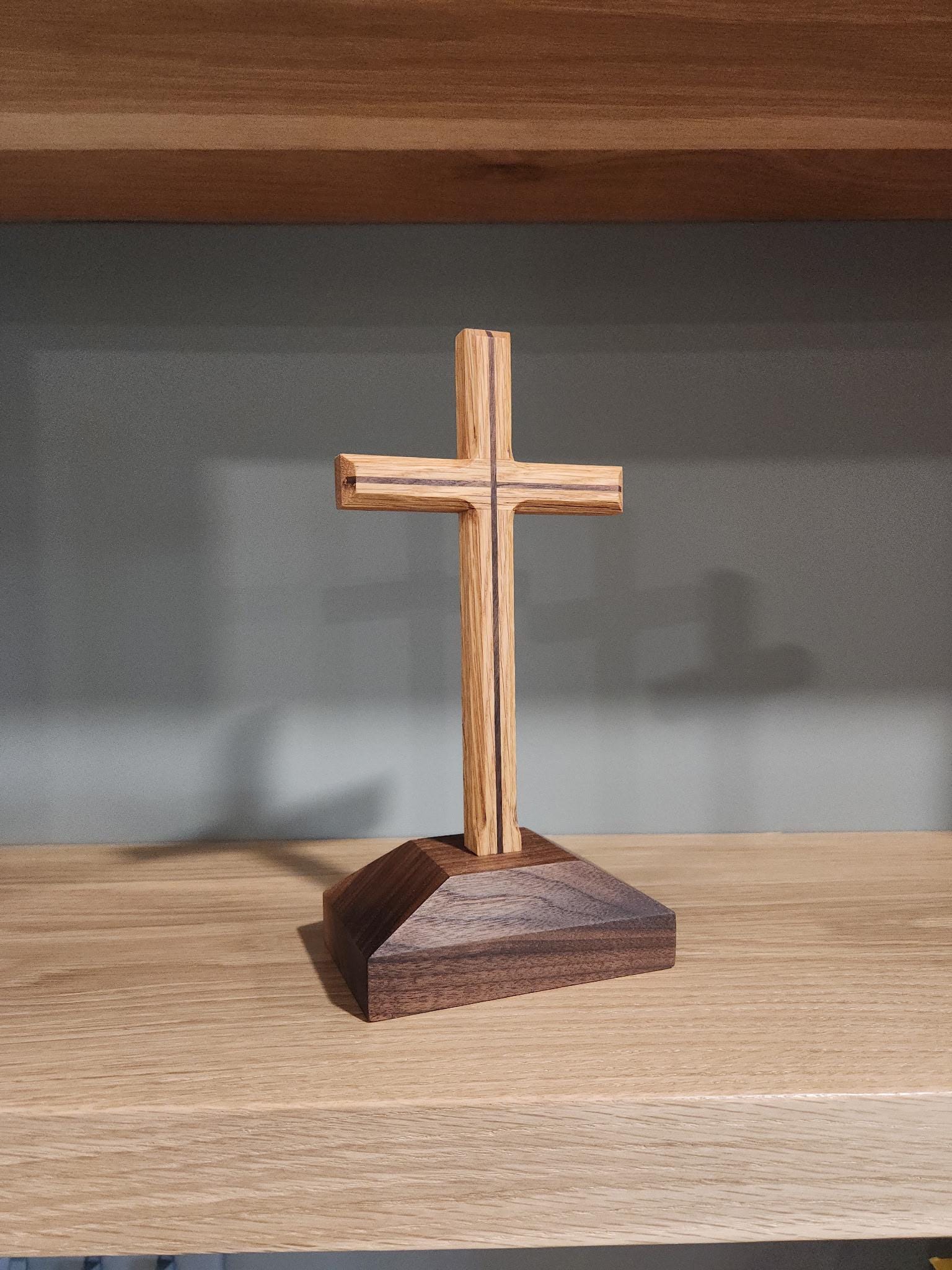 Handmade Wooden Tabletop Cross: Custom Inlay, Altar, Shelf, Desk