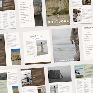 Puede incluir: Una guía de viaje para Portugal con una portada blanca y el título "Ultimate Travel Guide Portugal" en texto negro. La guía presenta fotos de la costa portuguesa y una mujer con un vestido blanco.
