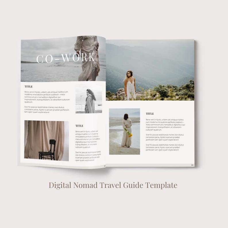 May include: A travel guide template with the title "Co-Work" and images of people working remotely in nature. The guide includes text about the benefits of working remotely and tips for finding the perfect co-working space.