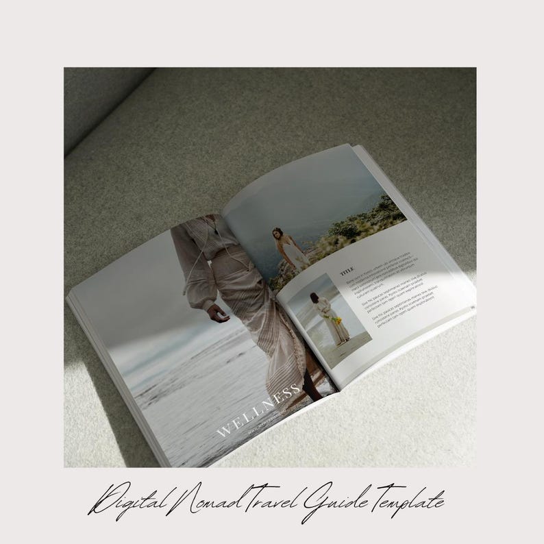 May include: Open book with a white background and the word "WELLNESS" printed on the page. The book is open to a page with a photo of a person wearing a long, flowing skirt and walking on a beach. The next page has a photo of a person wearing a white dress and walking on a beach. The text "TITLE" is printed on the page.