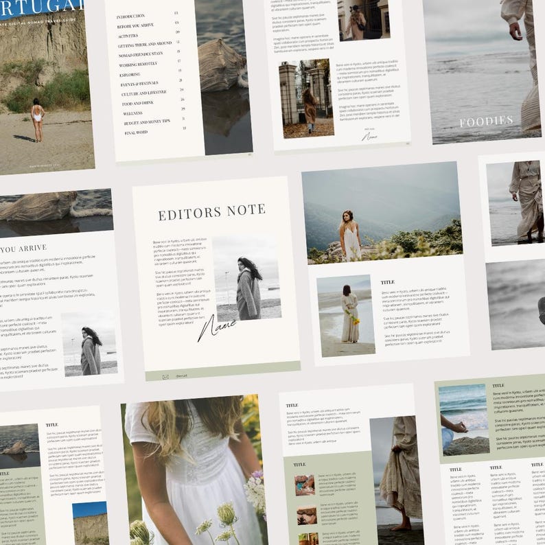 May include: A magazine layout with a white background and images of people in various settings. The magazine features text about travel and lifestyle. The text includes the words "Editors Note" and "Foodies".