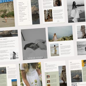 May include: A travel guide with images of Portugal, featuring a woman in a white dress, a beach scene, and a text overlay that reads "Before You Arrive". The guide also includes a section titled "Nomad Stays".