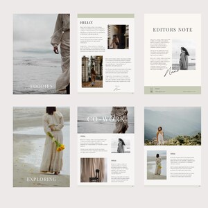 May include: A magazine layout with images of people and text. The text includes the words "Foodies", "Hello!", "Editors Note", "Co-Work", "Exploring", and "Title".