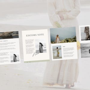 May include: A magazine layout with a white background and text that reads "Editors Note". The magazine features a black and white photo of a person wearing a coat standing on a beach. The magazine also features a photo of a person wearing a white dress standing on a beach.