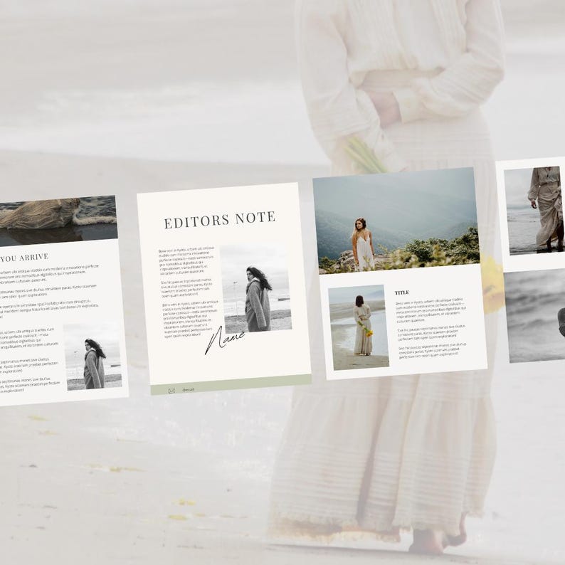 May include: A magazine layout with a white background and text that reads "Editors Note". The magazine features a black and white photo of a person wearing a coat standing on a beach. The magazine also features a photo of a person wearing a white dress standing on a beach.