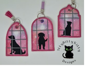 Trio of dogs in windows tags, bookmarks, luggage tags, hangers  - EMBROIDERY FILE