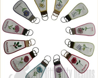 Birth Month Flower Teardrop Key Fob Set - 4x4 Embroidery File